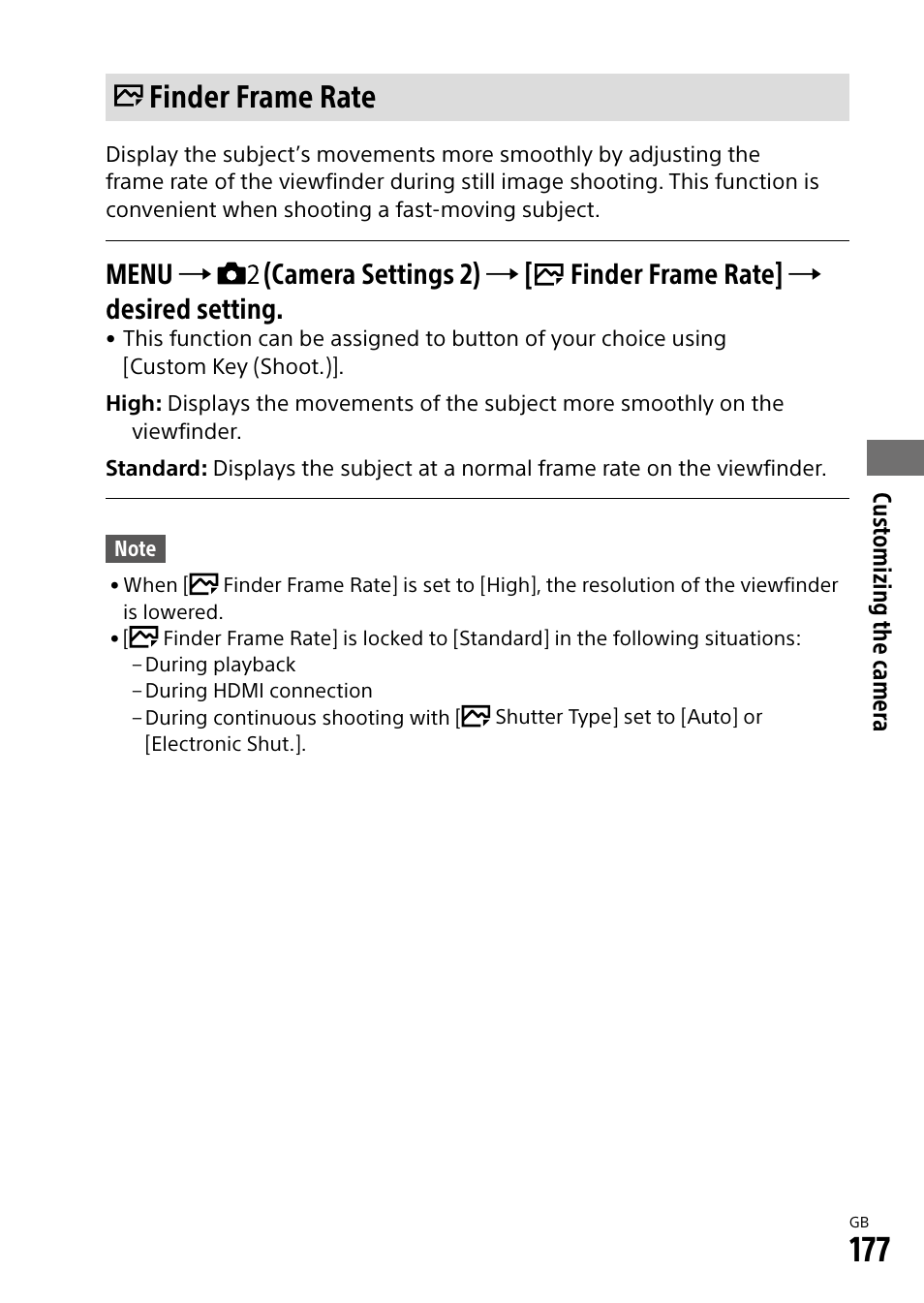 Finder frame rate | Sony Alpha 9 User Manual | Page 177 / 263