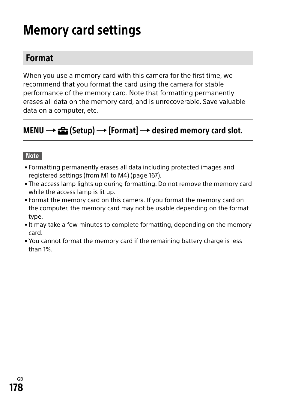 Memory card settings, Format | Sony Alpha 9 User Manual | Page 178 / 263