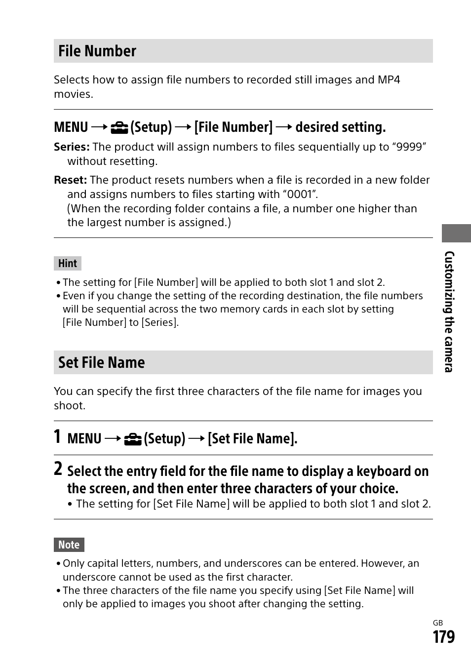 File number, Set file name, Menu  (setup)  [file number]  desired setting | Menu  (setup)  [set file name | Sony Alpha 9 User Manual | Page 179 / 263