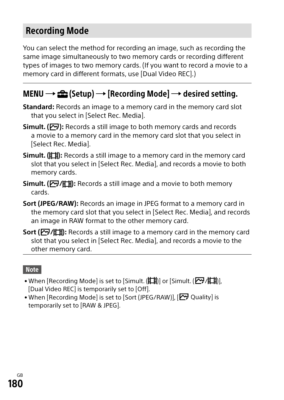 Recording mode | Sony Alpha 9 User Manual | Page 180 / 263