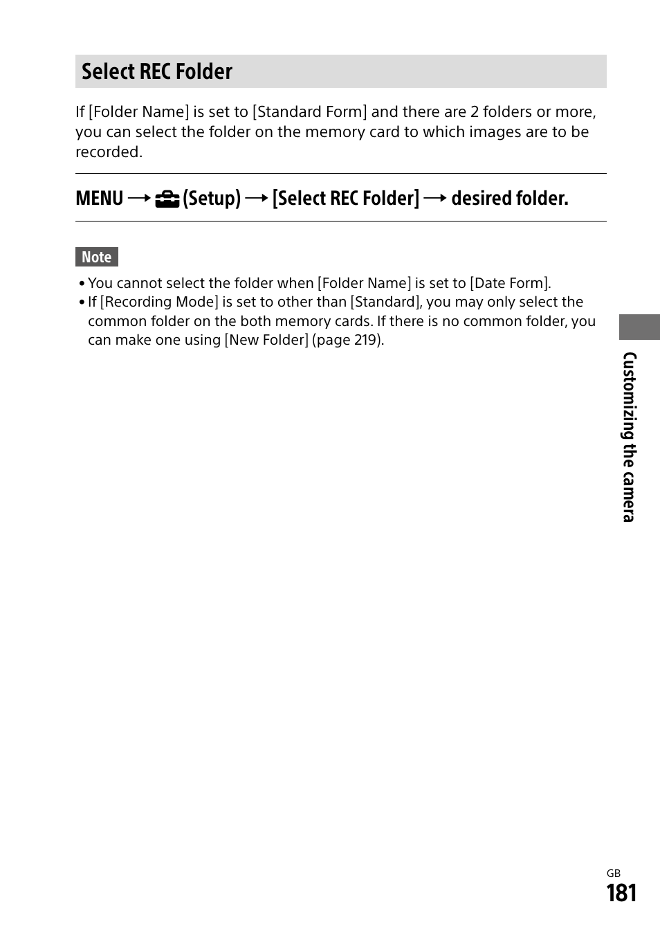 Select rec folder | Sony Alpha 9 User Manual | Page 181 / 263