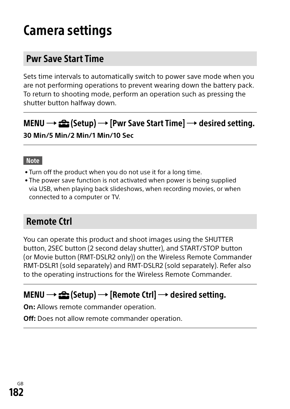 Camera settings, Pwr save start time, Remote ctrl | Sony Alpha 9 User Manual | Page 182 / 263