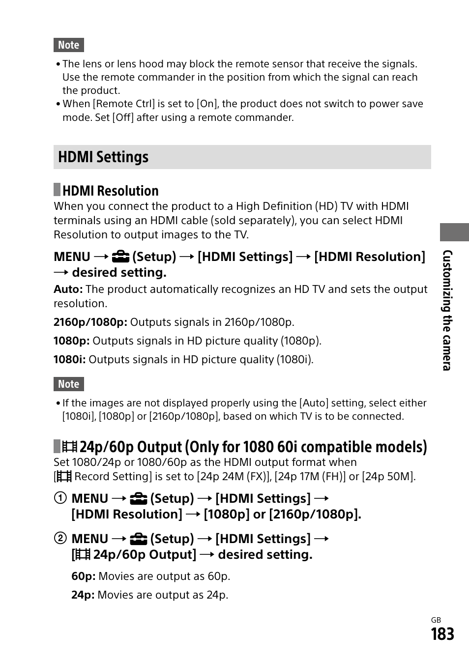 Hdmi settings, Hdmi resolution | Sony Alpha 9 User Manual | Page 183 / 263