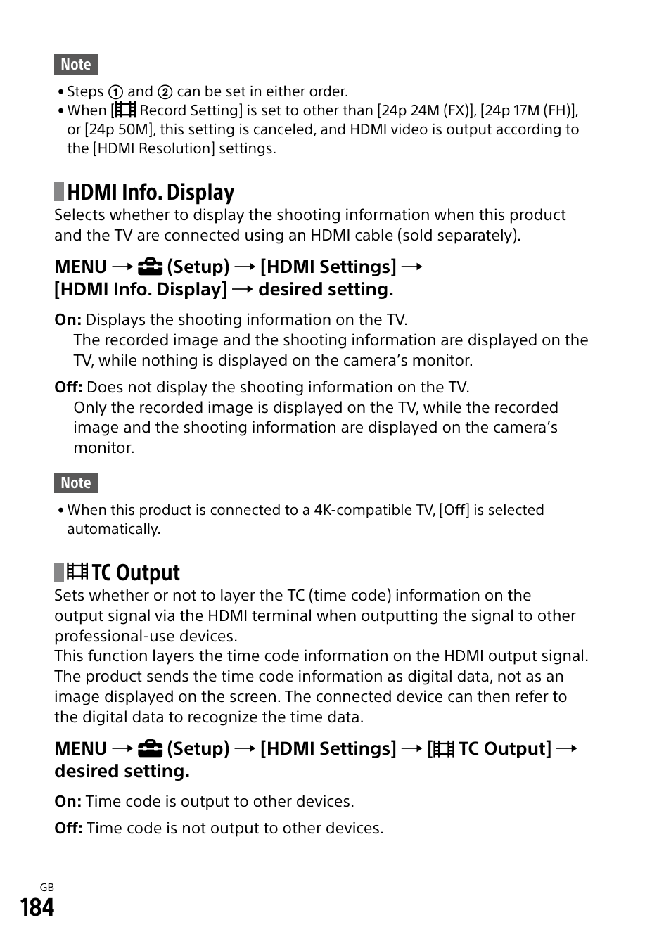 Hdmi info. display, Tc output | Sony Alpha 9 User Manual | Page 184 / 263