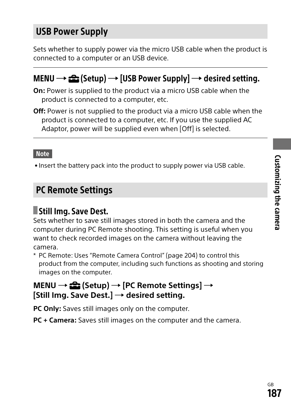 Usb power supply, Pc remote settings, Still img. save dest | Sony Alpha 9 User Manual | Page 187 / 263