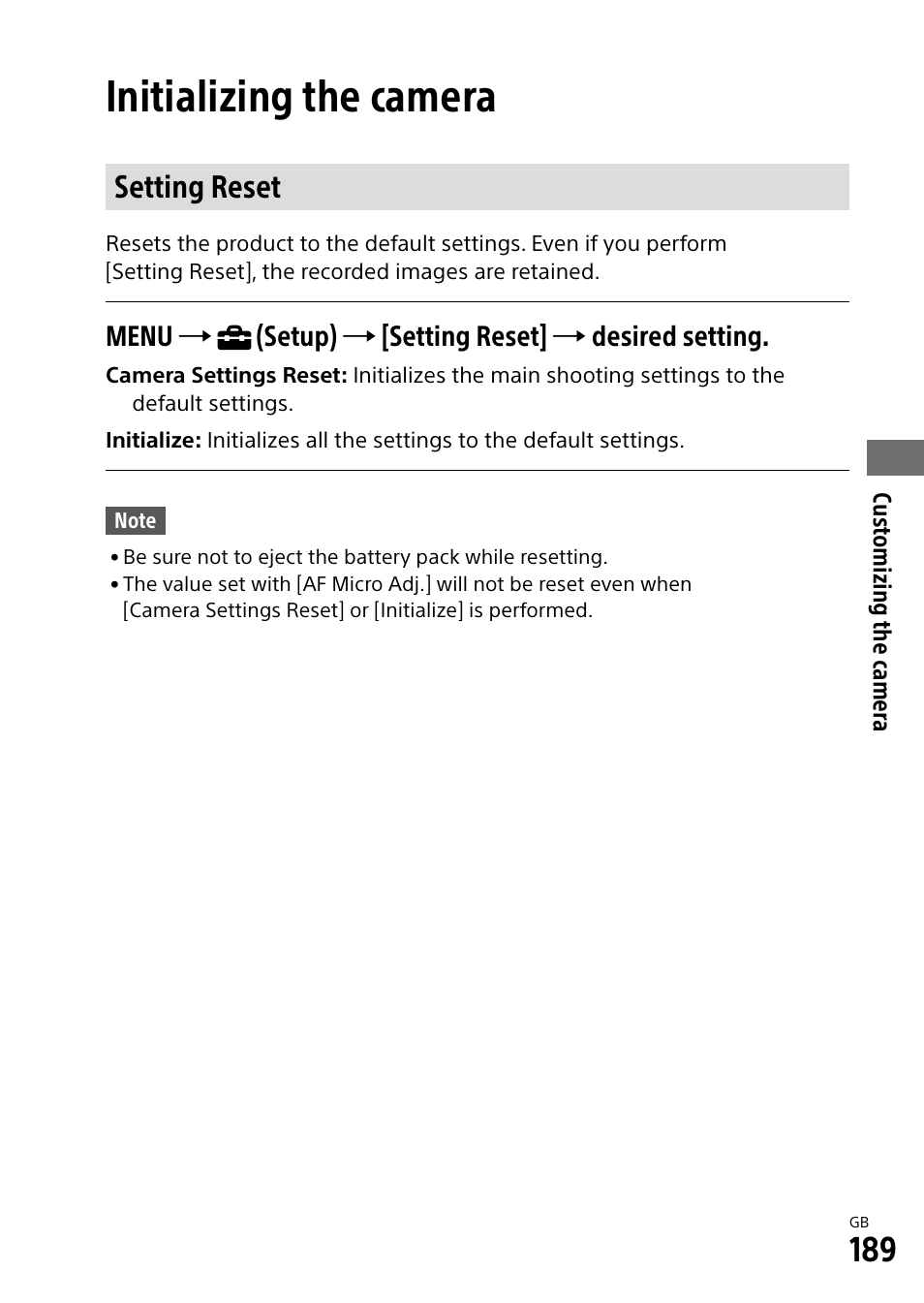 Initializing the camera, Setting reset, Menu  (setup)  [setting reset]  desired setting | Sony Alpha 9 User Manual | Page 189 / 263