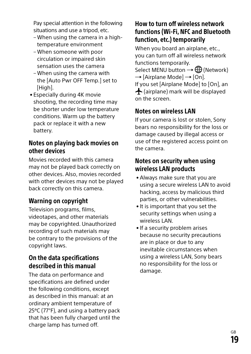 Warning on copyright | Sony Alpha 9 User Manual | Page 19 / 263