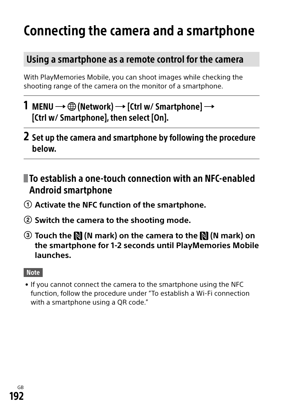 Connecting the camera and a smartphone | Sony Alpha 9 User Manual | Page 192 / 263