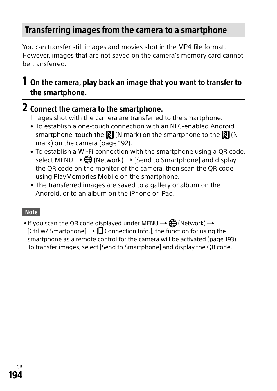 Connect the camera to the smartphone | Sony Alpha 9 User Manual | Page 194 / 263