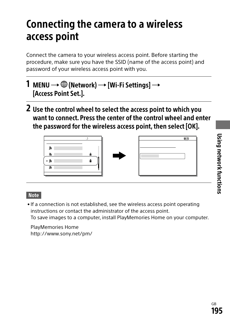Connecting the camera to a wireless access point | Sony Alpha 9 User Manual | Page 195 / 263