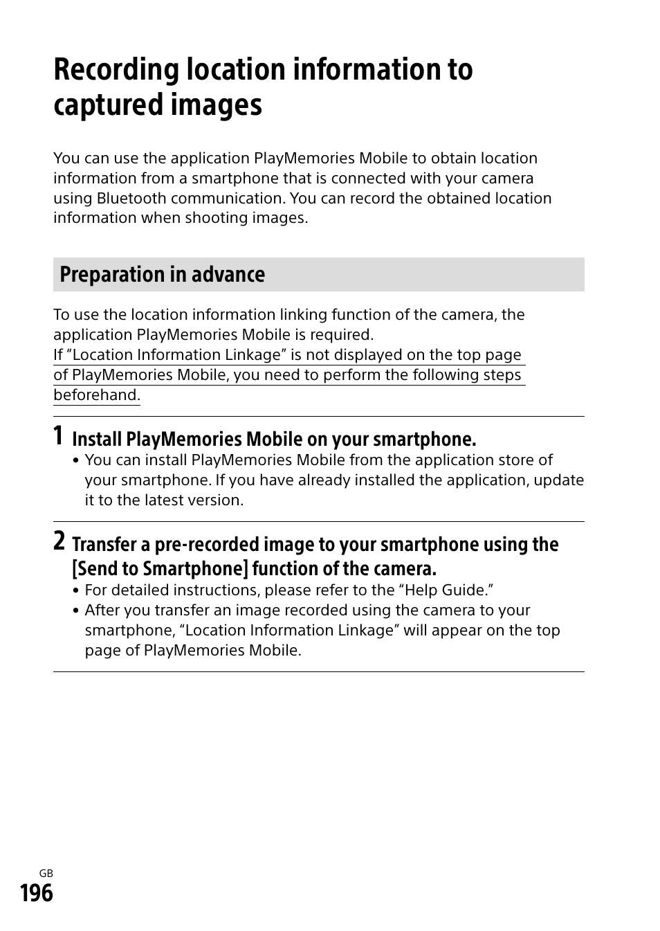 Recording location information to captured images, Preparation in advance | Sony Alpha 9 User Manual | Page 196 / 263