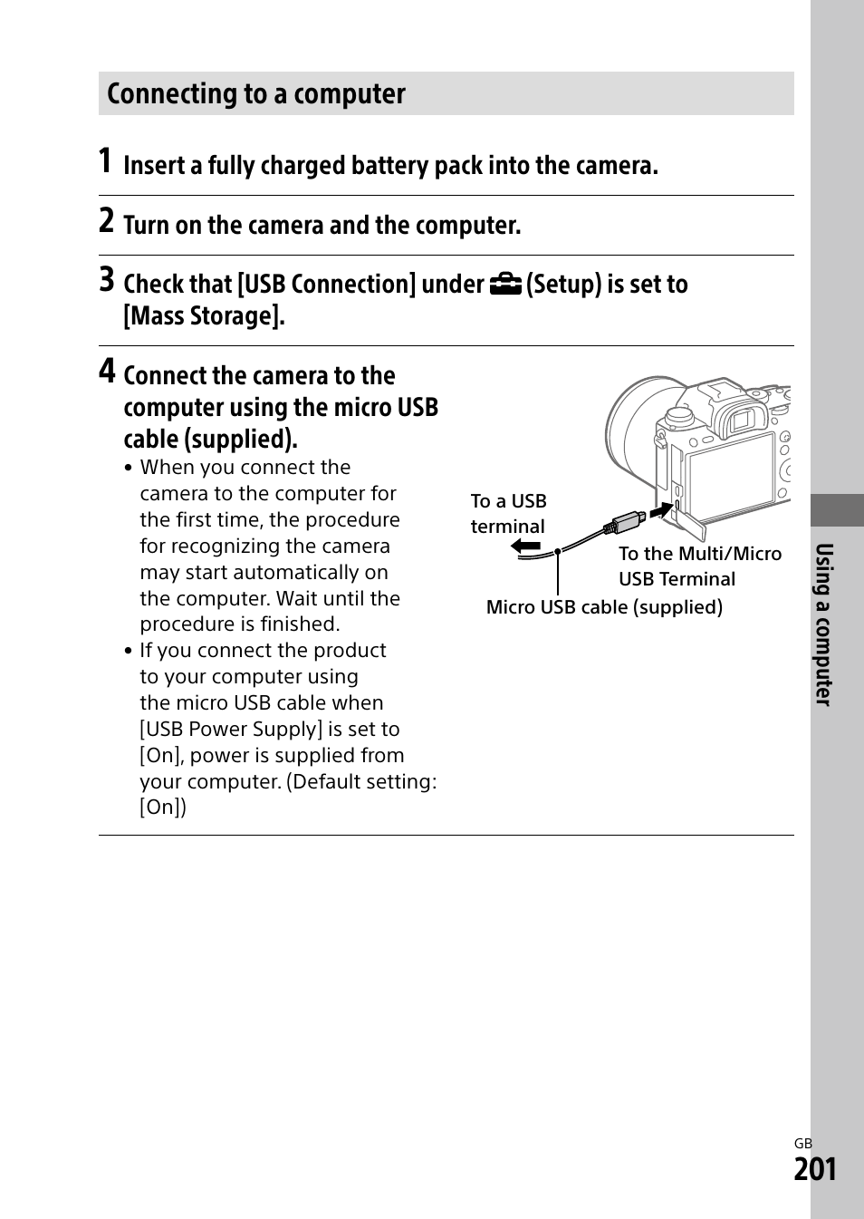 Connecting to a computer | Sony Alpha 9 User Manual | Page 201 / 263