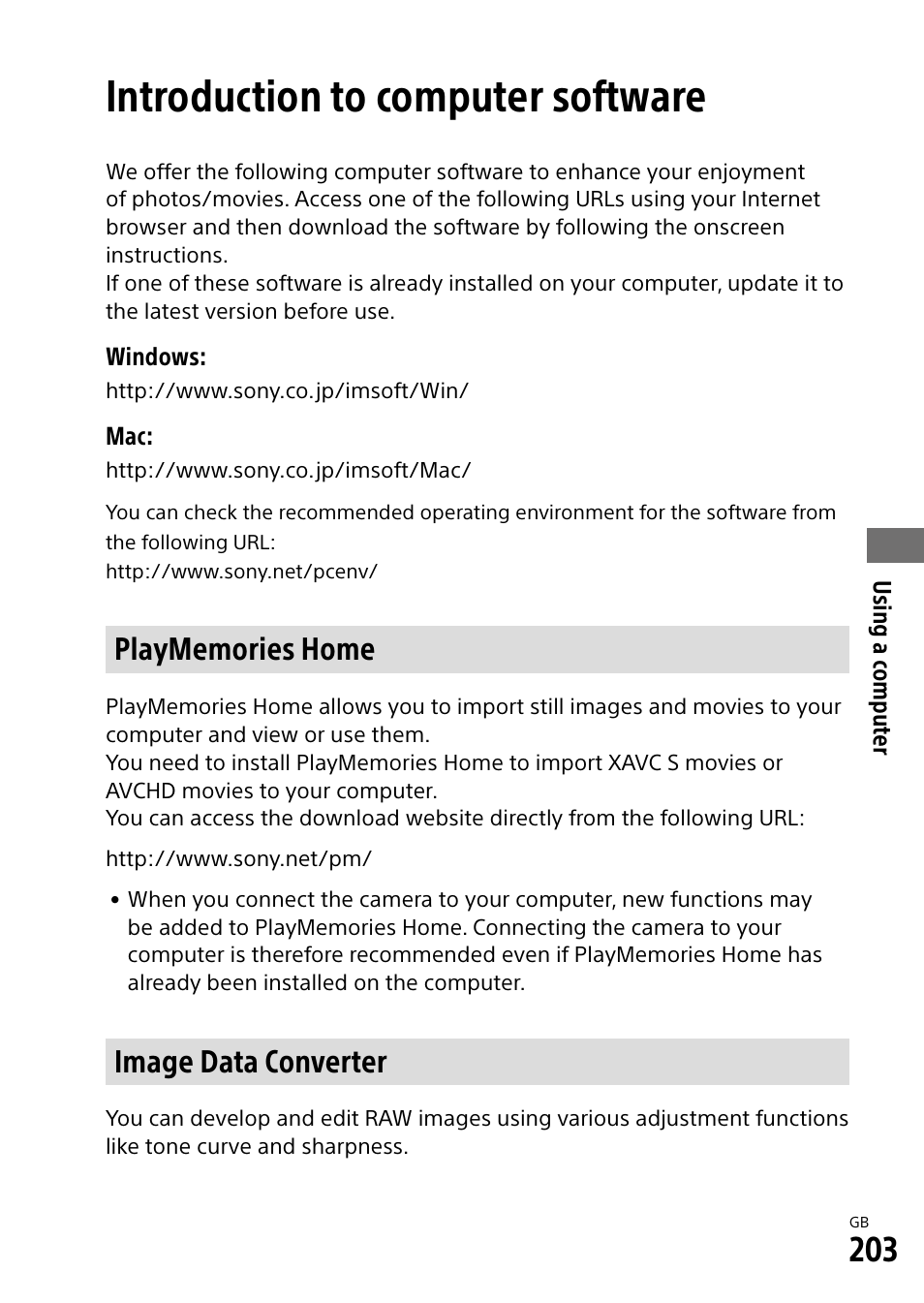 Introduction to computer software, Playmemories home, Image data converter | Sony Alpha 9 User Manual | Page 203 / 263