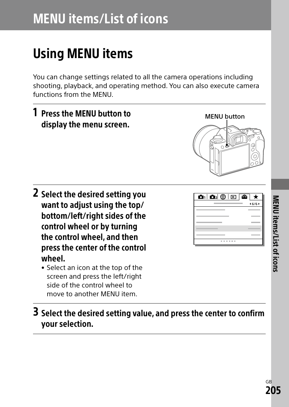 Menu items/list of icons, Using menu items, Menu items/list of icons using menu items | Sony Alpha 9 User Manual | Page 205 / 263