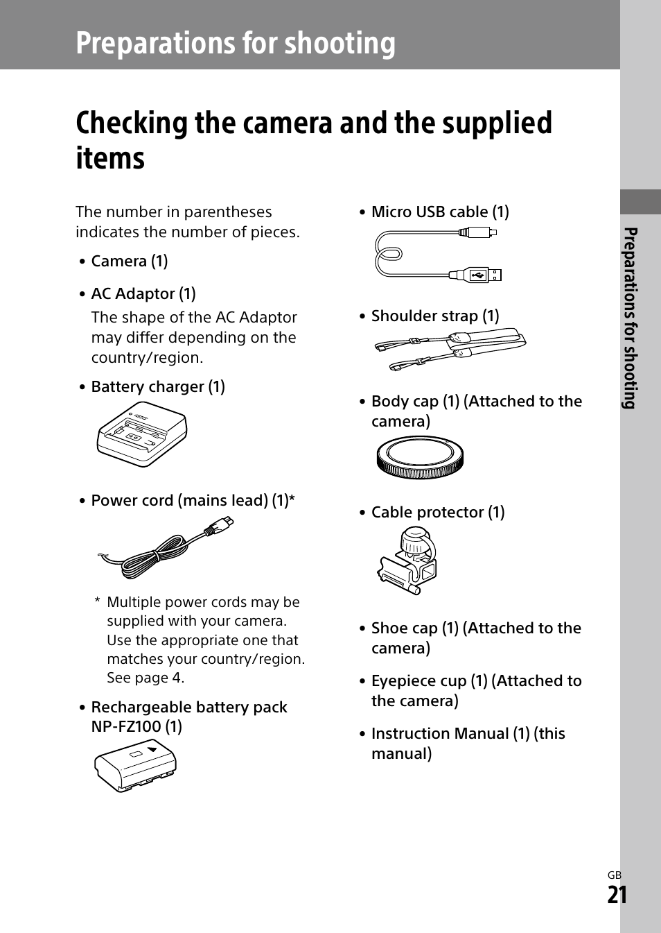 Preparations for shooting, Checking the camera and the supplied items | Sony Alpha 9 User Manual | Page 21 / 263