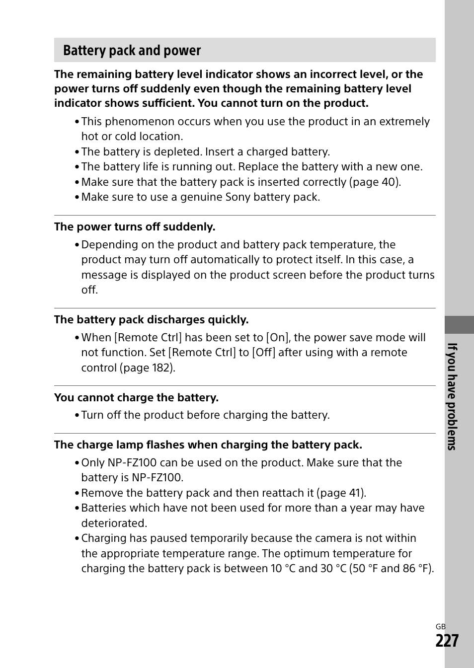 Battery pack and power | Sony Alpha 9 User Manual | Page 227 / 263