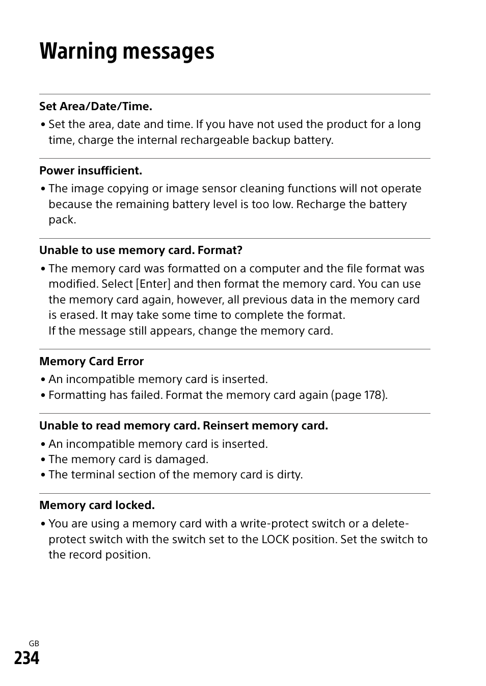 Warning messages | Sony Alpha 9 User Manual | Page 234 / 263