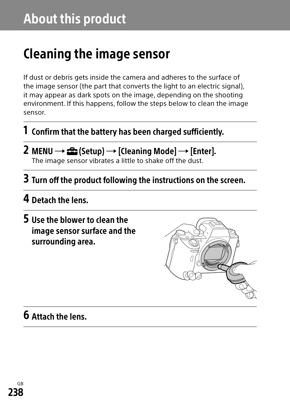 About this product, Cleaning the image sensor, About this product cleaning the image sensor | Sony Alpha 9 User Manual | Page 238 / 263