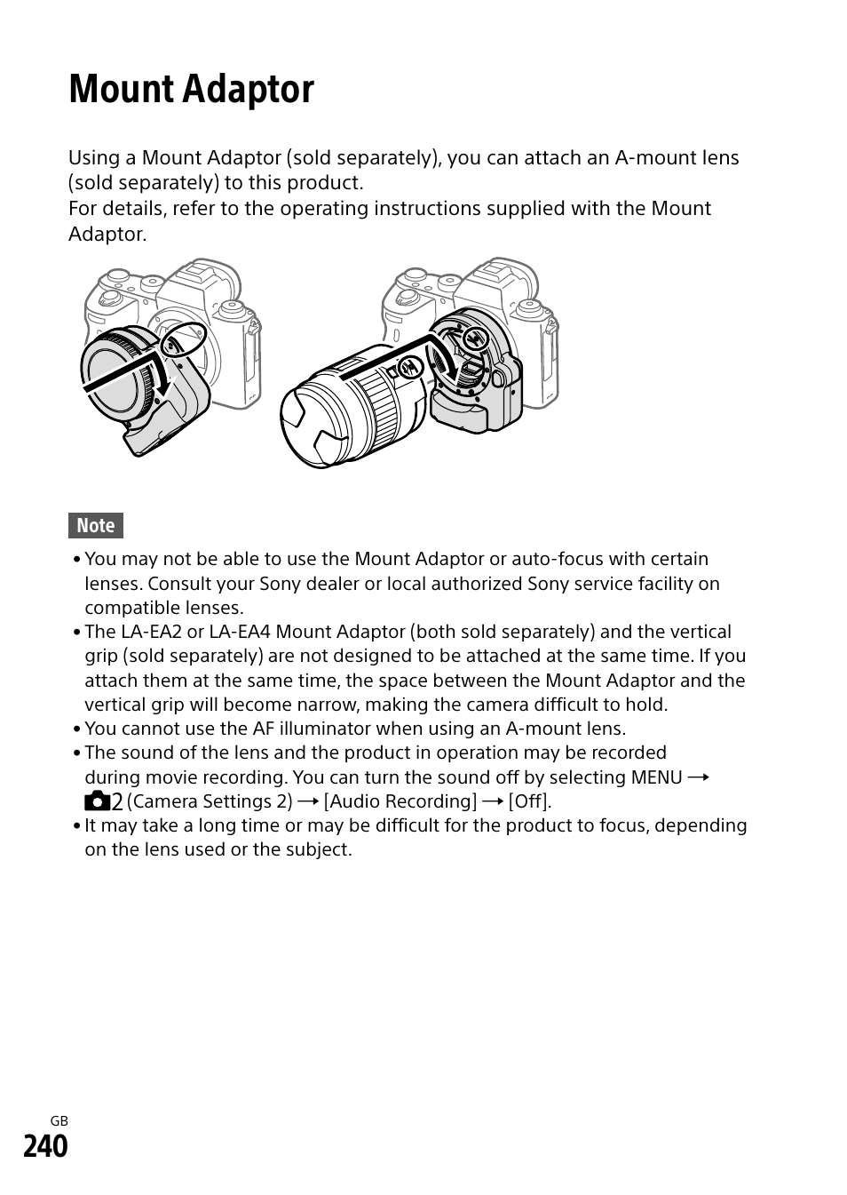 Mount adaptor | Sony Alpha 9 User Manual | Page 240 / 263