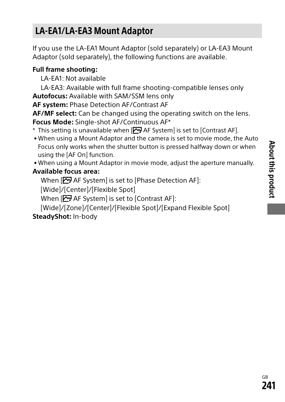 La-ea1/la-ea3 mount adaptor | Sony Alpha 9 User Manual | Page 241 / 263