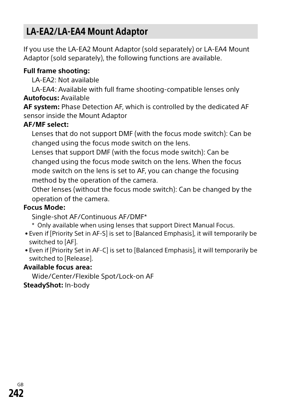 La-ea2/la-ea4 mount adaptor | Sony Alpha 9 User Manual | Page 242 / 263