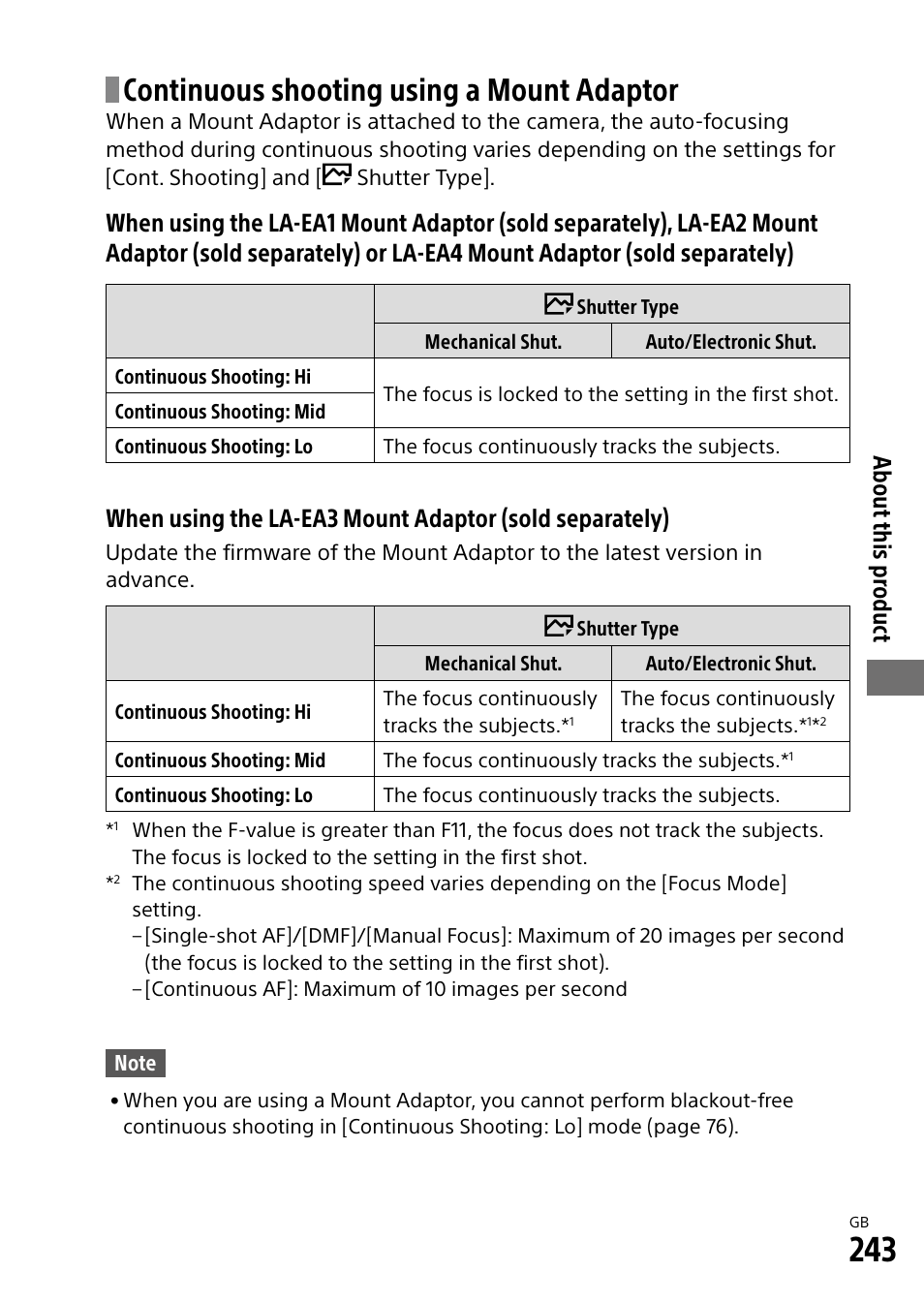 Continuous shooting using a mount adaptor, About this pr oduct | Sony Alpha 9 User Manual | Page 243 / 263