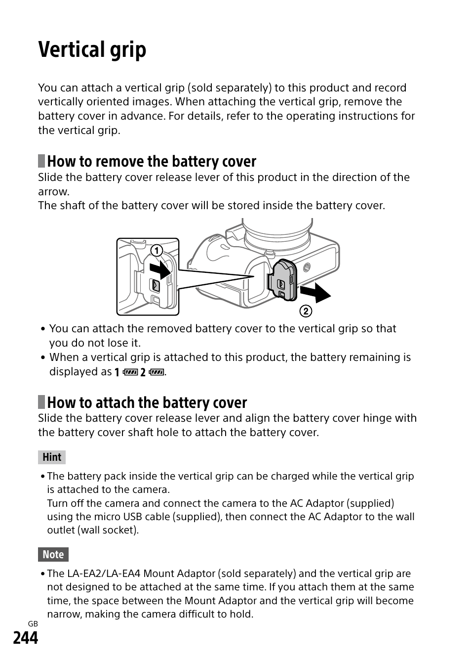 Vertical grip, How to remove the battery cover, How to attach the battery cover | Sony Alpha 9 User Manual | Page 244 / 263