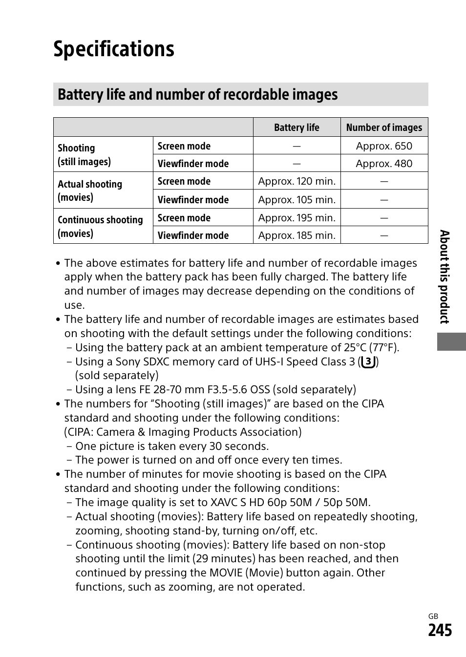 Specifications, Battery life and number of recordable images | Sony Alpha 9 User Manual | Page 245 / 263