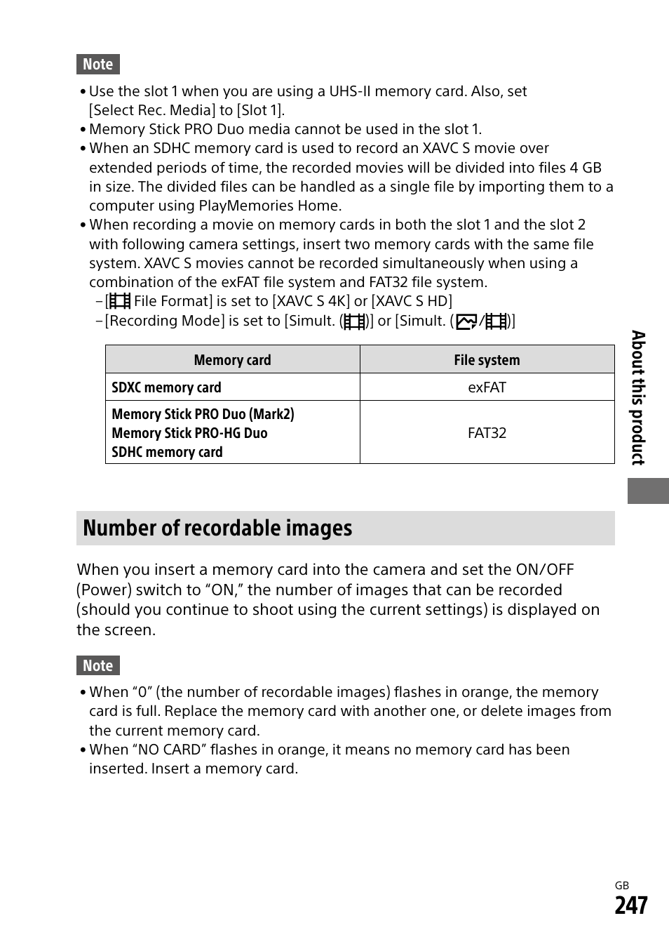 Number of recordable images, About this pr oduct | Sony Alpha 9 User Manual | Page 247 / 263