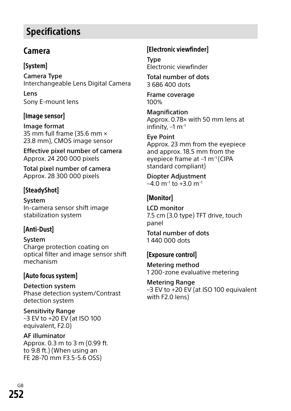 Specifications, Camera | Sony Alpha 9 User Manual | Page 252 / 263