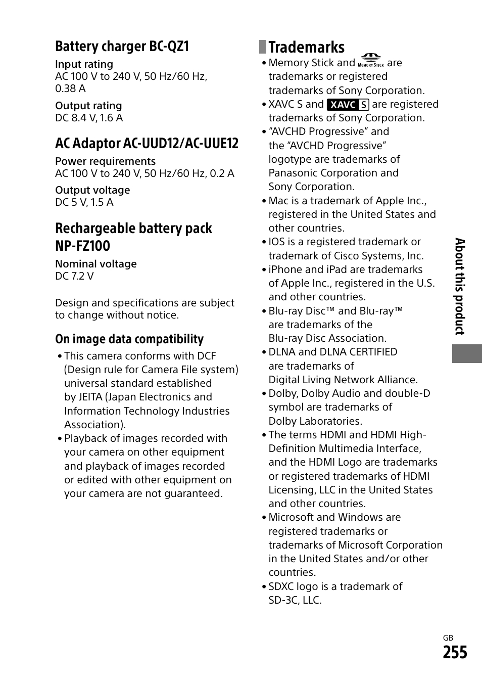 Trademarks, Battery charger bc-qz1, Ac adaptor ac-uud12/ac-uue12 | Rechargeable battery pack np-fz100, About this pr oduct, On image data compatibility | Sony Alpha 9 User Manual | Page 255 / 263