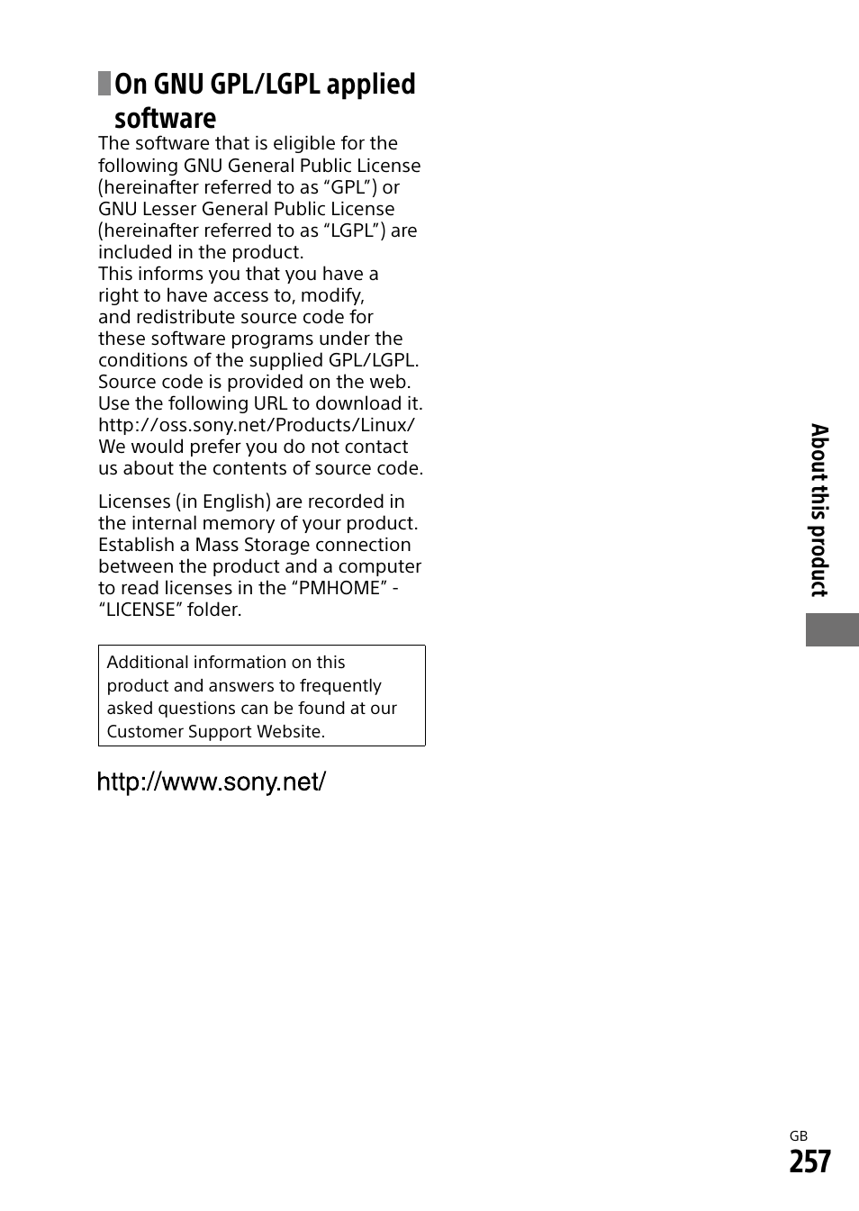 On gnu gpl/lgpl applied software, About this pr oduct | Sony Alpha 9 User Manual | Page 257 / 263