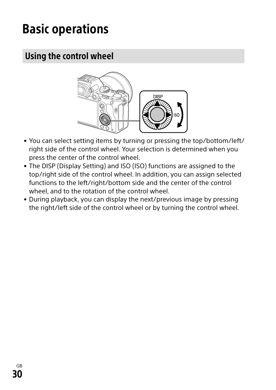 Basic operations, Using the control wheel | Sony Alpha 9 User Manual | Page 30 / 263