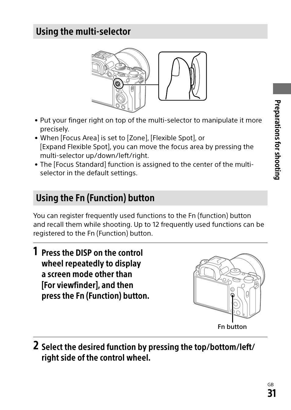 Using the multi-selector, Using the fn (function) button | Sony Alpha 9 User Manual | Page 31 / 263