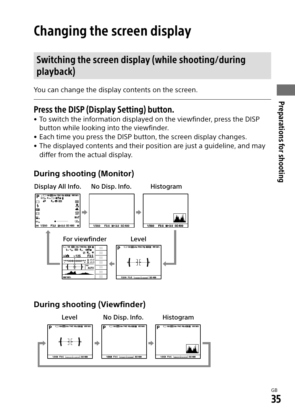 Changing the screen display, Press the disp (display setting) button | Sony Alpha 9 User Manual | Page 35 / 263