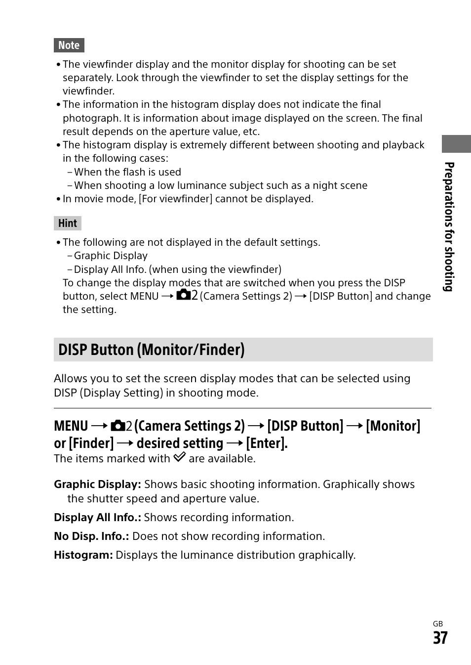 Disp button (monitor/finder) | Sony Alpha 9 User Manual | Page 37 / 263