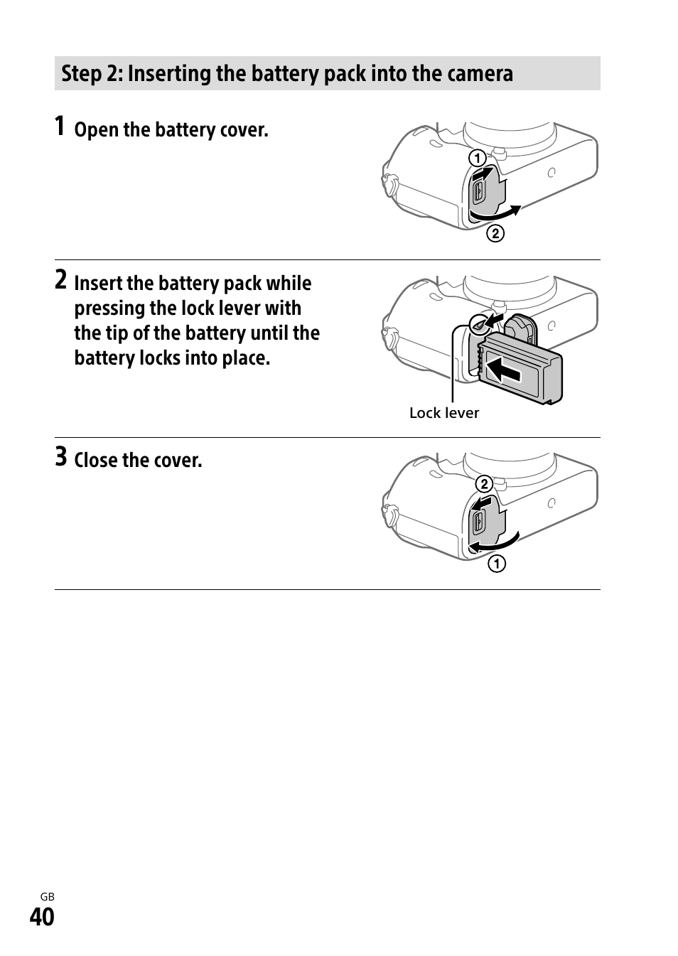Step 2: inserting the battery pack into the camera | Sony Alpha 9 User Manual | Page 40 / 263