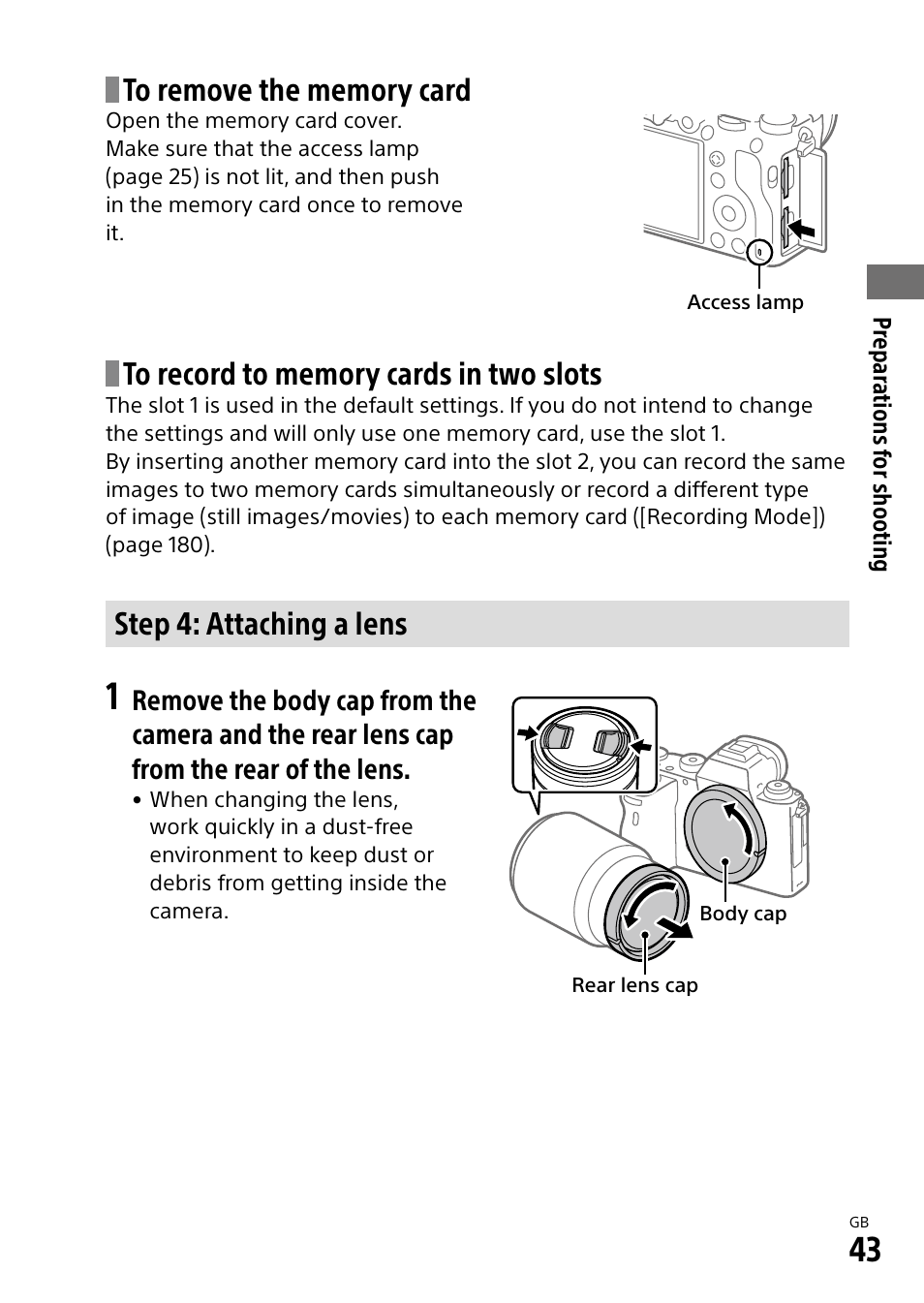 Step 4: attaching a lens | Sony Alpha 9 User Manual | Page 43 / 263