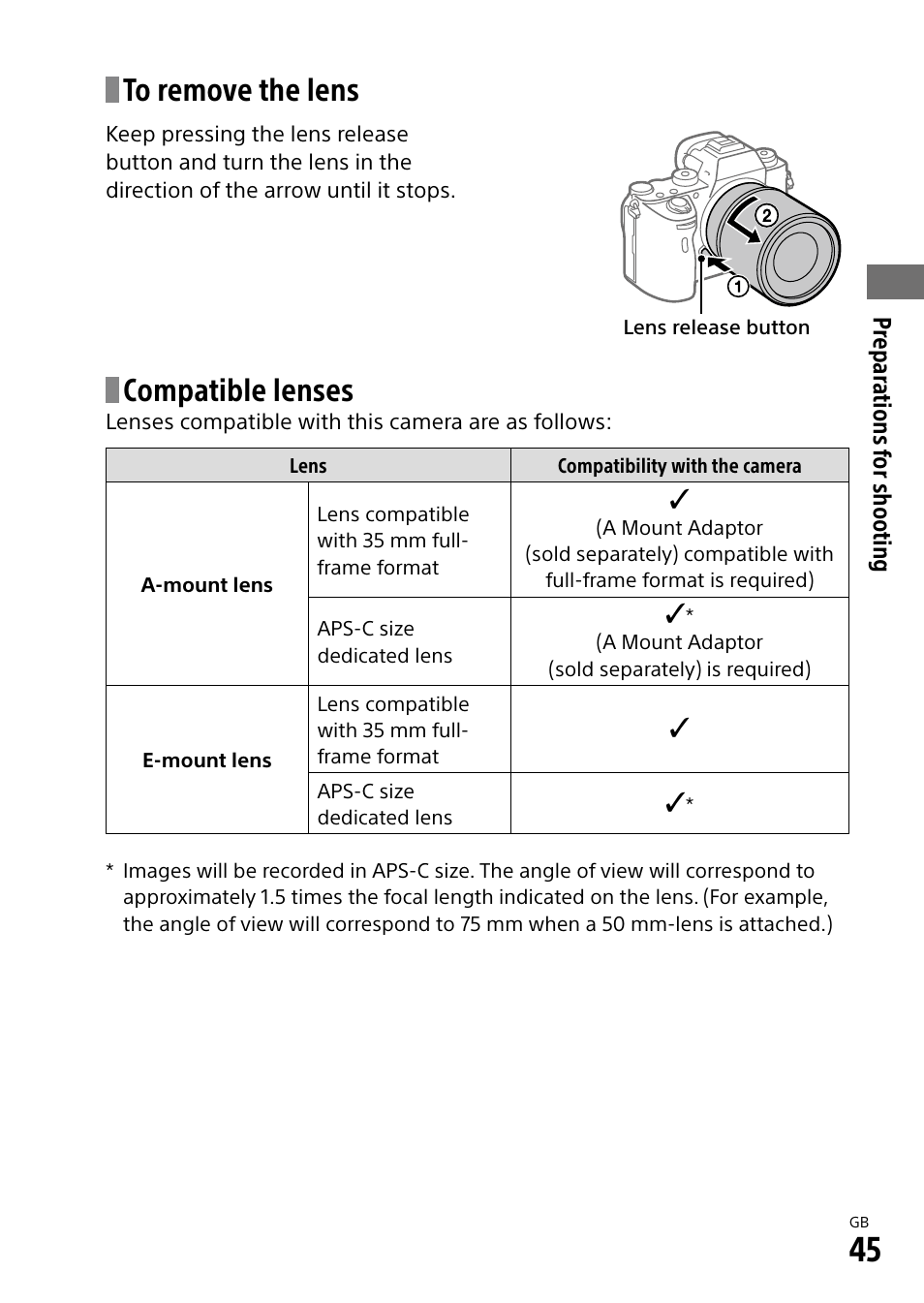 Compatible lenses | Sony Alpha 9 User Manual | Page 45 / 263