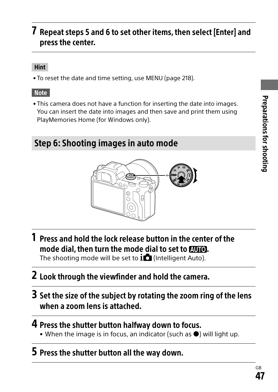 Step 6: shooting images in auto mode | Sony Alpha 9 User Manual | Page 47 / 263