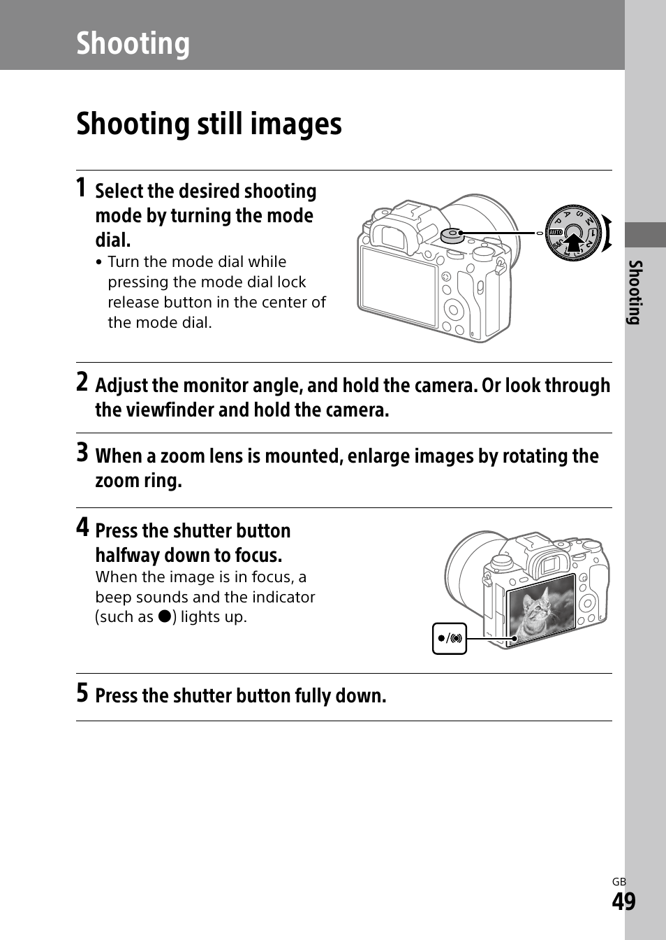 Shooting, Shooting still images, Shooting shooting still images | Sony Alpha 9 User Manual | Page 49 / 263