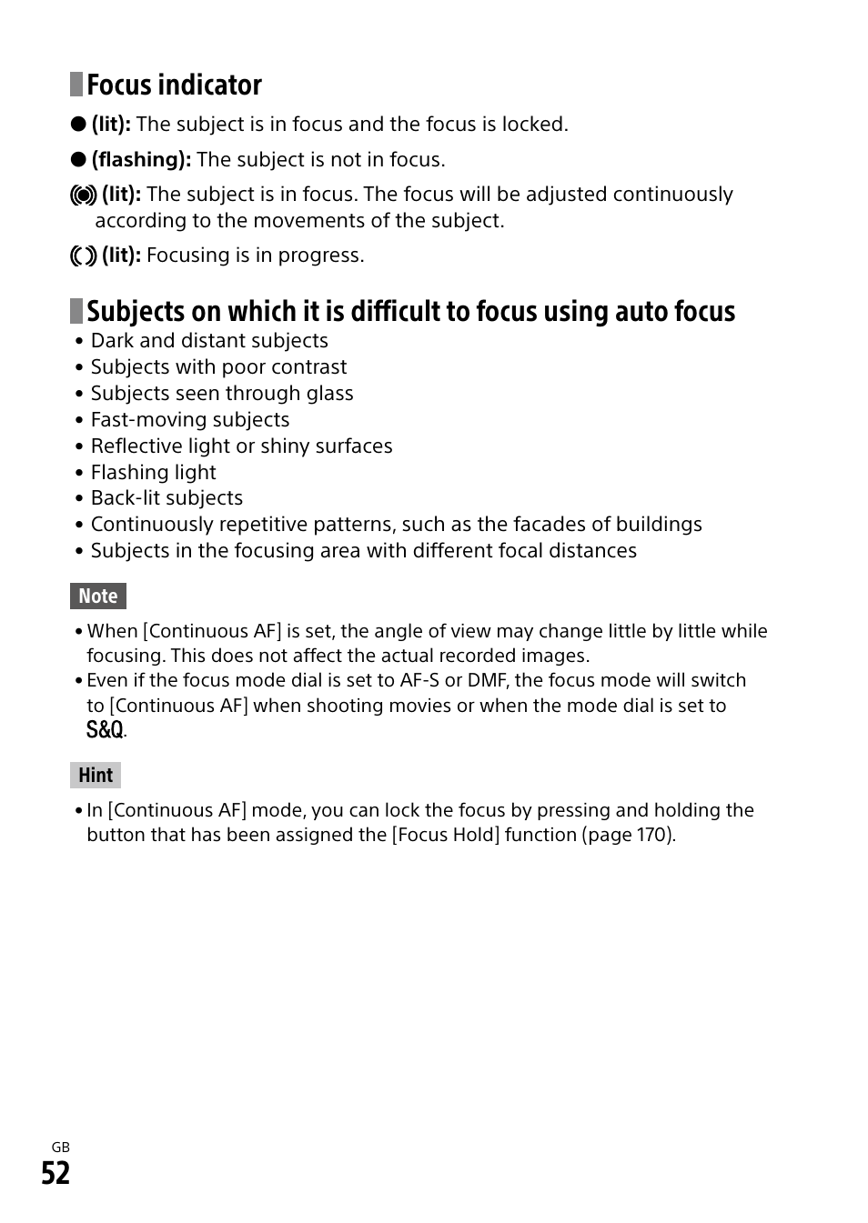 Focus indicator | Sony Alpha 9 User Manual | Page 52 / 263