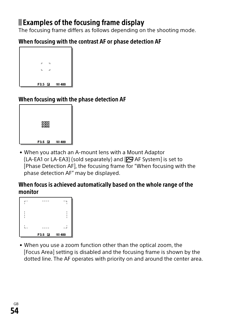 Examples of the focusing frame display | Sony Alpha 9 User Manual | Page 54 / 263