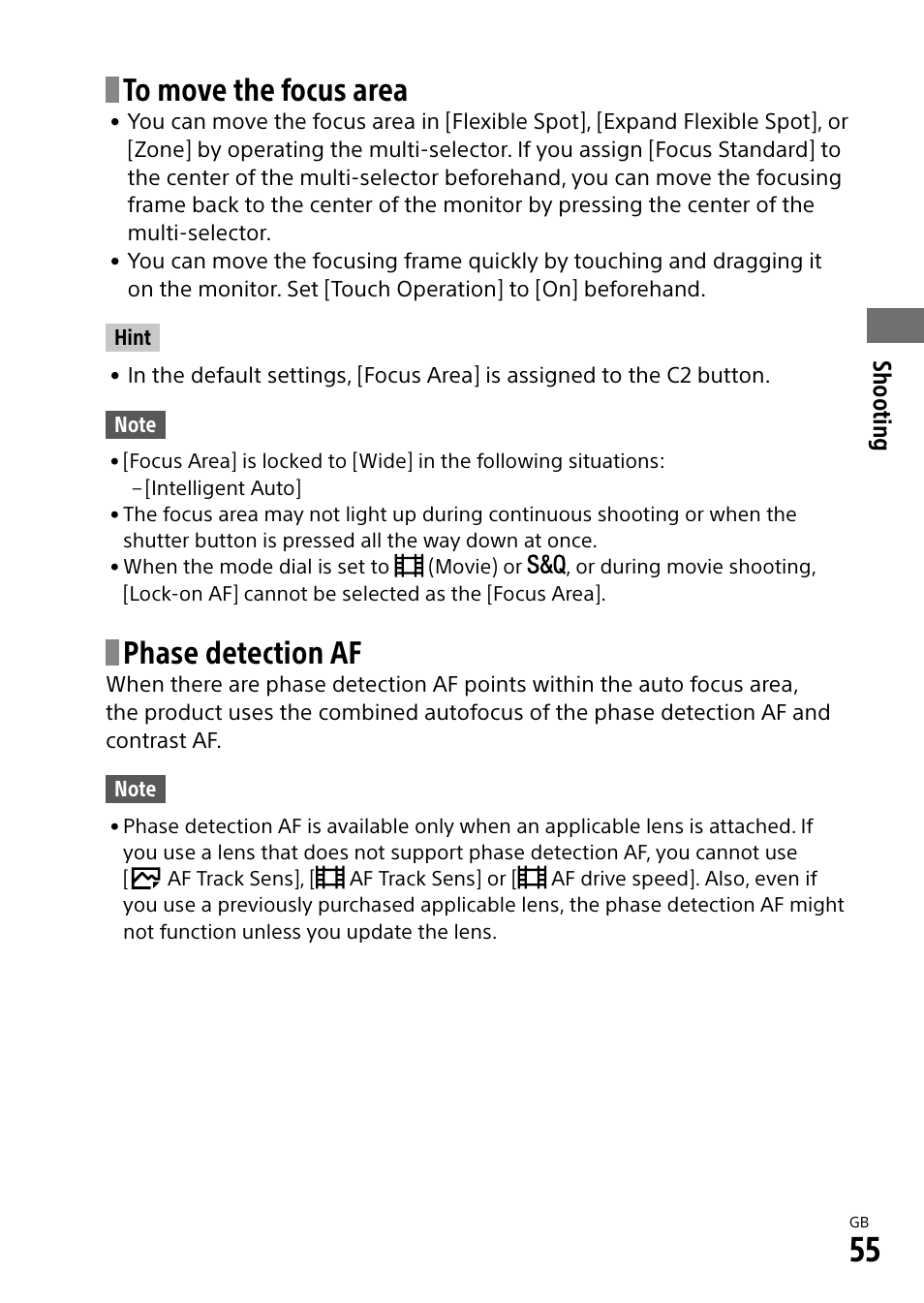 Phase detection af | Sony Alpha 9 User Manual | Page 55 / 263