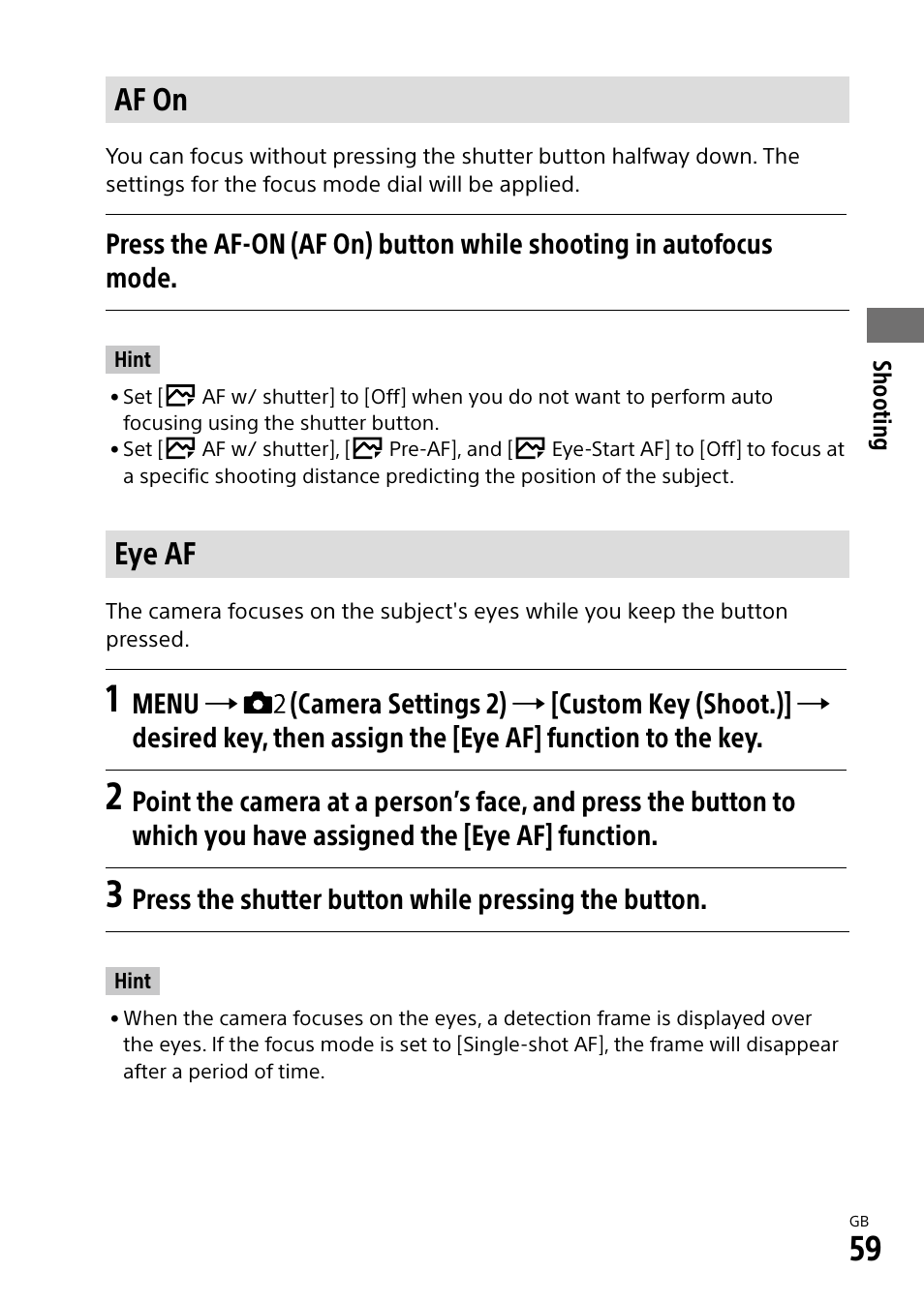 Af on, Eye af | Sony Alpha 9 User Manual | Page 59 / 263