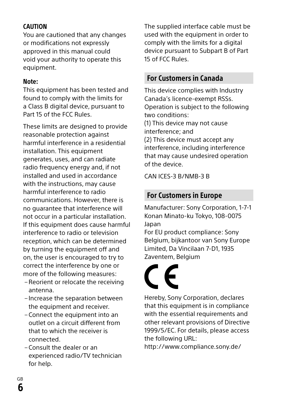 For customers in canada, For customers in europe | Sony Alpha 9 User Manual | Page 6 / 263