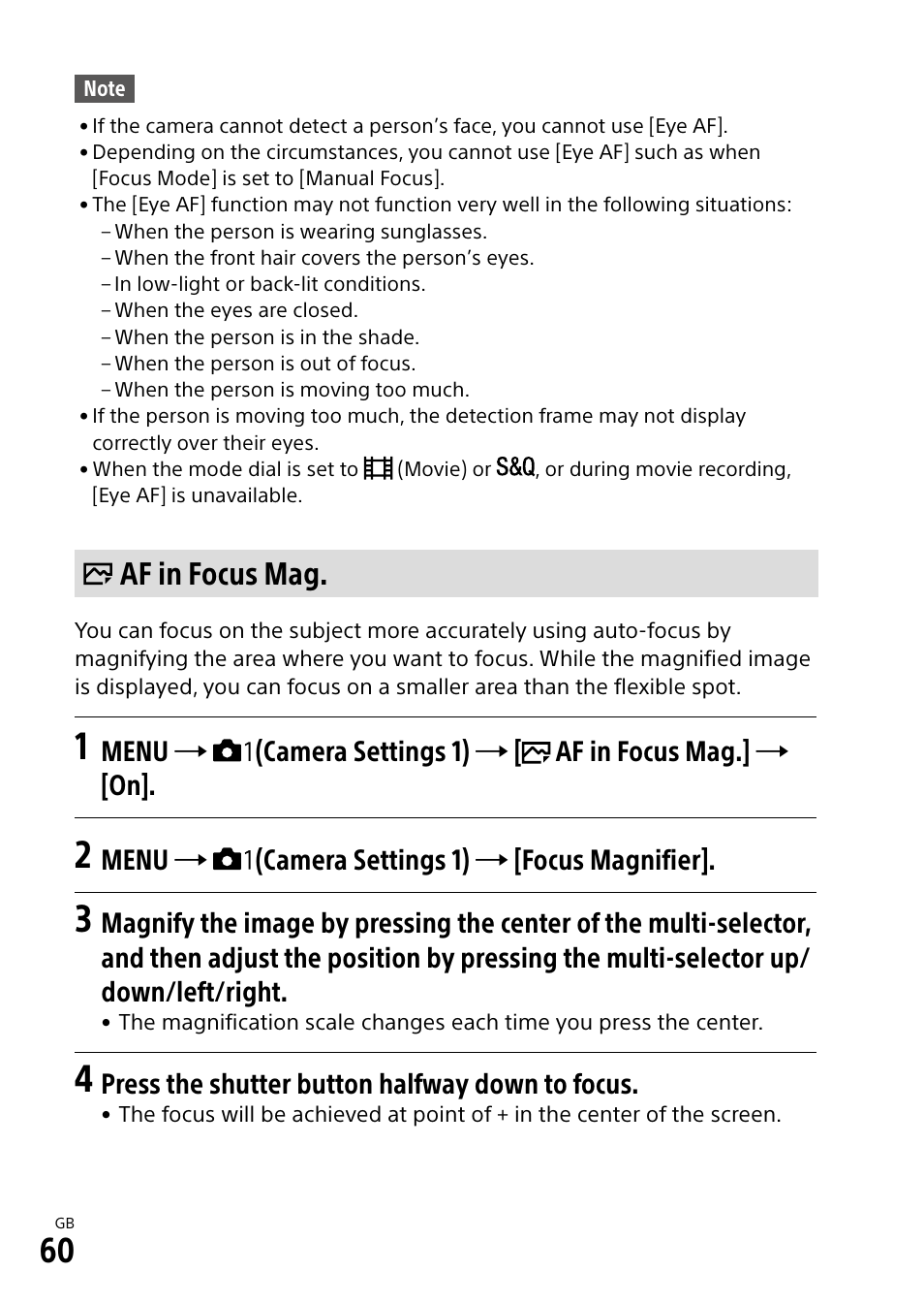 Af in focus mag, Menu  (camera settings 1)  [focus magnifier, Press the shutter button halfway down to focus | Sony Alpha 9 User Manual | Page 60 / 263