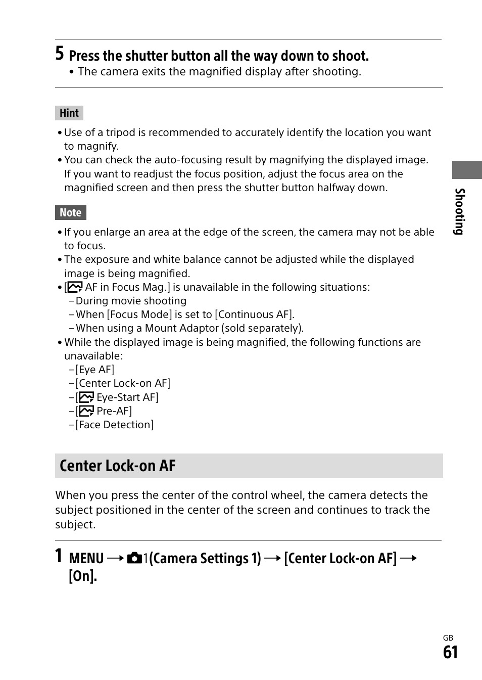 Center lock-on af, Press the shutter button all the way down to shoot | Sony Alpha 9 User Manual | Page 61 / 263