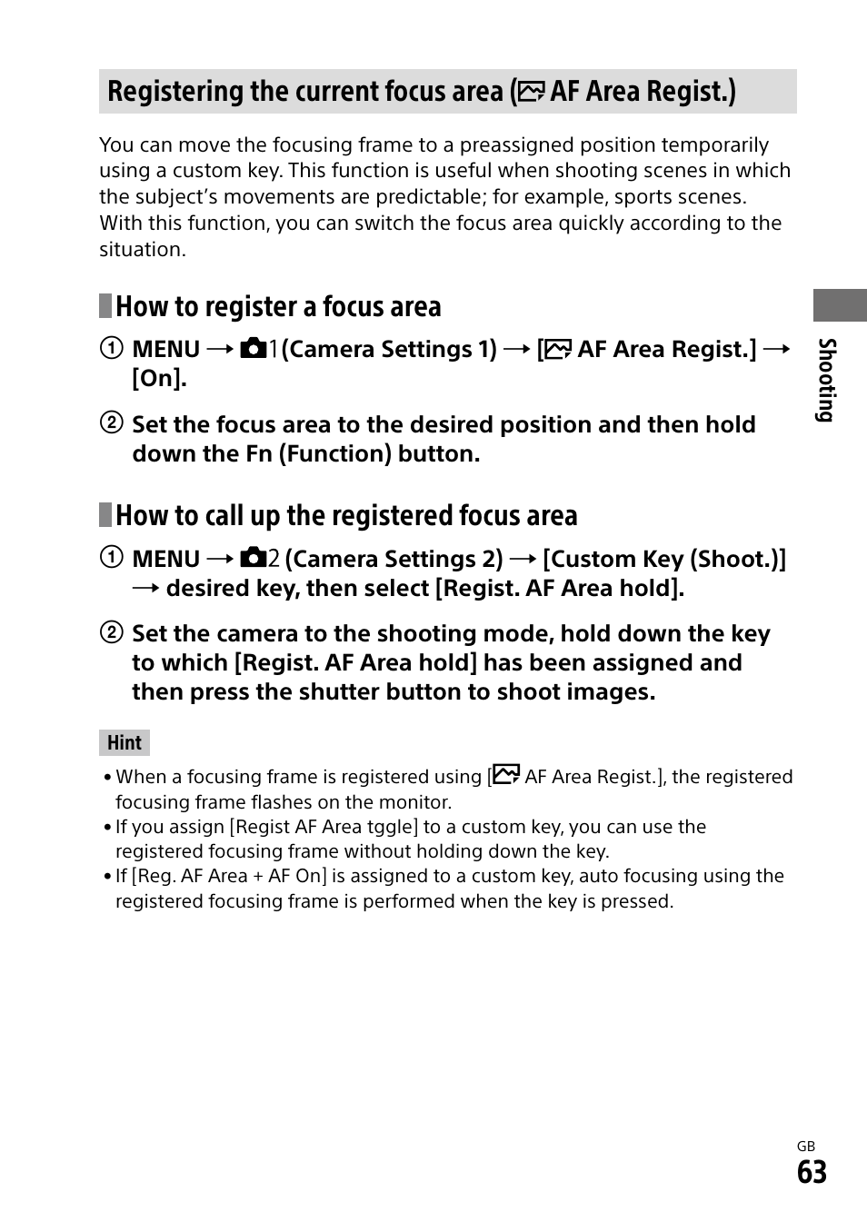 How to register a focus area, How to call up the registered focus area | Sony Alpha 9 User Manual | Page 63 / 263