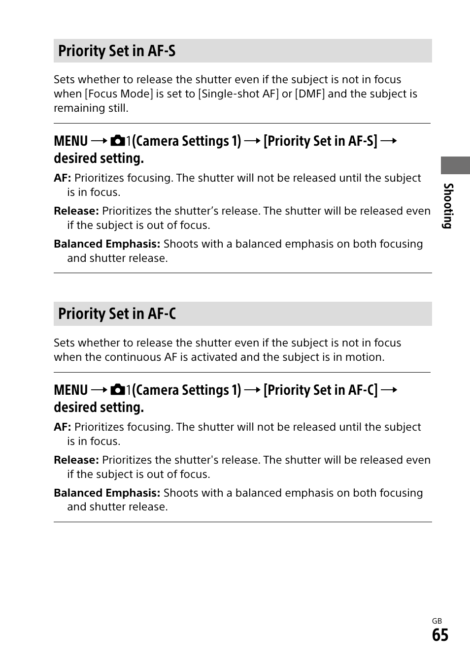 Priority set in af-s, Priority set in af-c | Sony Alpha 9 User Manual | Page 65 / 263